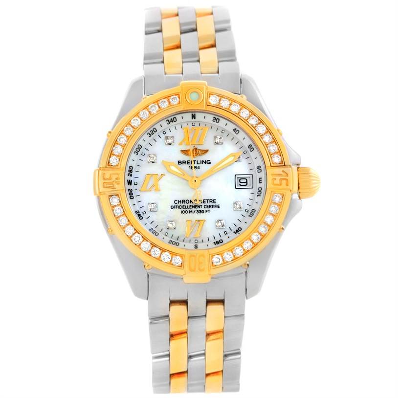 The image shows a front view of the Ladies Steel 18K Yellow Gold MOP Dial Diamond Watch D71365 by Breitling D71365 Women's Steel and Gold (two tone) Mother of Pearl Dial D71365 Women's Steel and Gold (two tone) Mother of Pearl Dial, highlighting the dial, bezel, and bracelet.