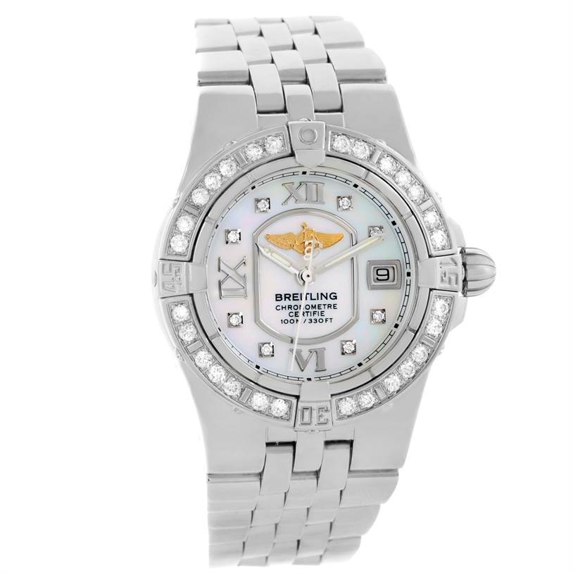 The image shows a front view of the Breitling A71340 Women's Stainless Steel Mother of Pearl Dial A71340 Women's Stainless Steel Mother of Pearl Dial Starliner Ladies Mother of Pearl Diamond Watch A71340 model, highlighting its face and bracelet.