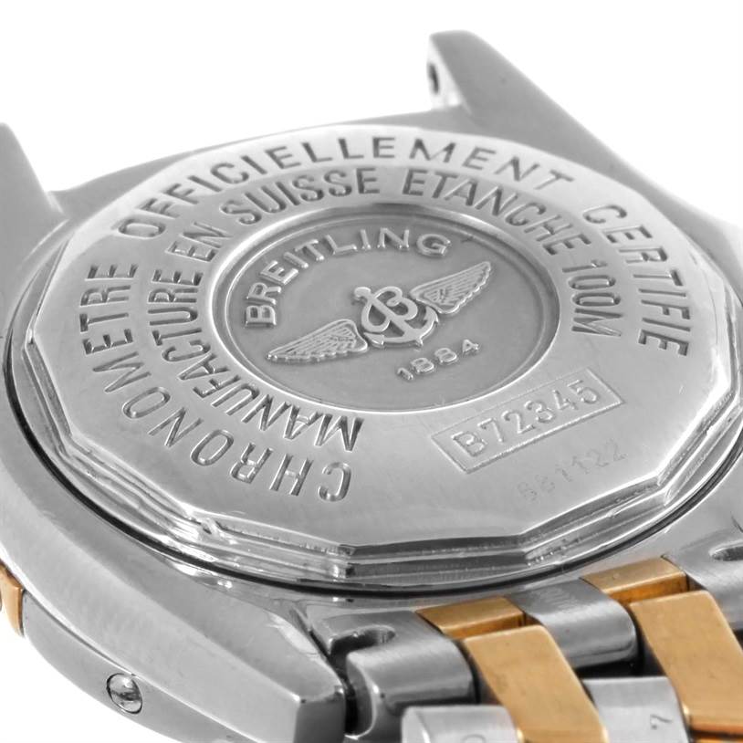 The image shows the back case and part of the bracelet of the Breitling B72345 Women's Stainless Steel Mother of Pearl Dial B72345 Women's Stainless Steel Mother of Pearl Dial Callisto Ladies Steel Gold MOP Diamond Watch A72345 model.