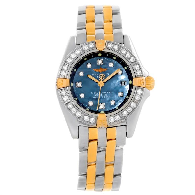 The image shows a front view of the Breitling B72345 Women's Stainless Steel Mother of Pearl Dial B72345 Women's Stainless Steel Mother of Pearl Dial Callisto Ladies Steel Gold MOP Diamond Watch A72345, including its band, bezel, and face.