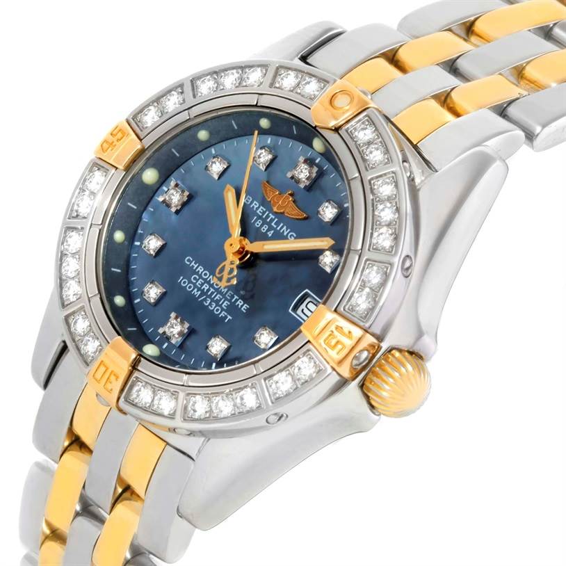 The image shows a Breitling B72345 Women's Stainless Steel Mother of Pearl Dial B72345 Women's Stainless Steel Mother of Pearl Dial Callisto Ladies Steel Gold MOP Diamond A72345 watch from a 3/4 angle, highlighting the dial, bezel, and bracelet.