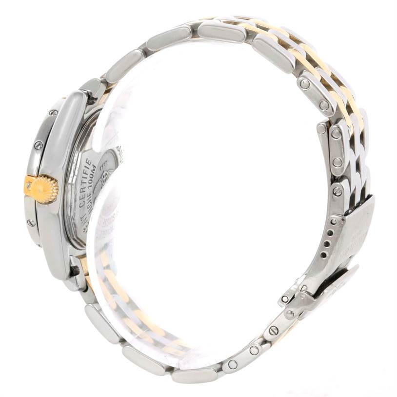 The Breitling B72345 Women's Stainless Steel Mother of Pearl Dial B72345 Women's Stainless Steel Mother of Pearl Dial Callisto Ladies Steel Gold MOP Diamond Watch A72345 is shown from a side angle, highlighting the bezel, crown, and bracelet.