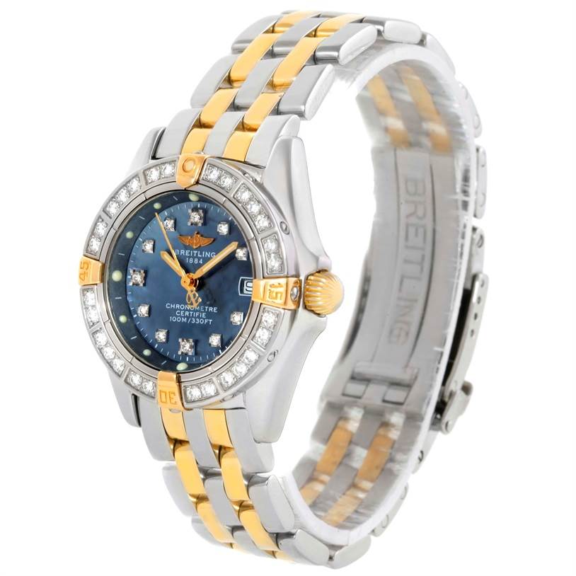 The image shows a Breitling B72345 Women's Stainless Steel Mother of Pearl Dial B72345 Women's Stainless Steel Mother of Pearl Dial Callisto Ladies Steel Gold MOP Diamond Watch A72345 at a slight angle, revealing its face, bezel, and bracelet.