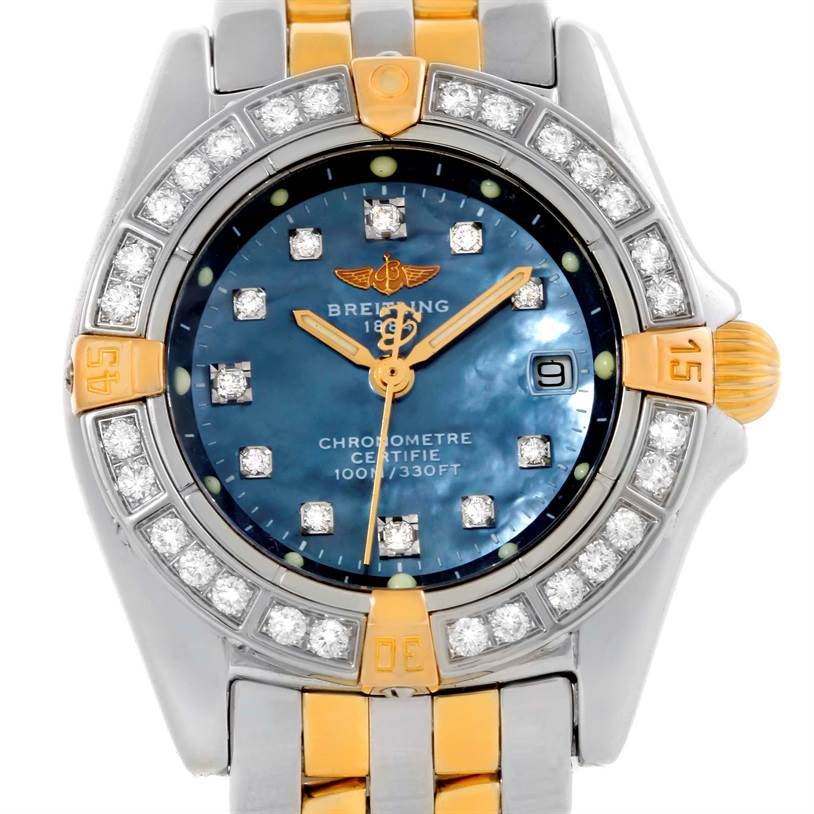 The Breitling B72345 Women's Stainless Steel Mother of Pearl Dial B72345 Women's Stainless Steel Mother of Pearl Dial Callisto Ladies Steel Gold MOP Diamond Watch A72345 is shown from a front angle, highlighting its face and bracelet.