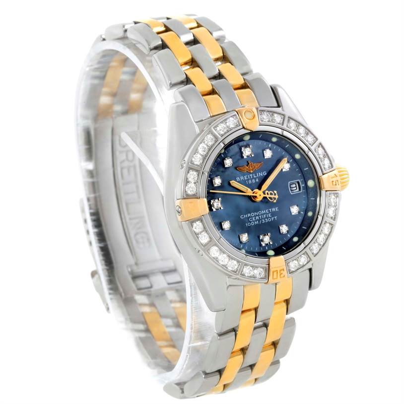 The Breitling B72345 Women's Stainless Steel Mother of Pearl Dial B72345 Women's Stainless Steel Mother of Pearl Dial Callisto Ladies Steel Gold MOP Diamond Watch A72345 is shown at a slight left-side angle, highlighting its face, bezel, and bracelet.