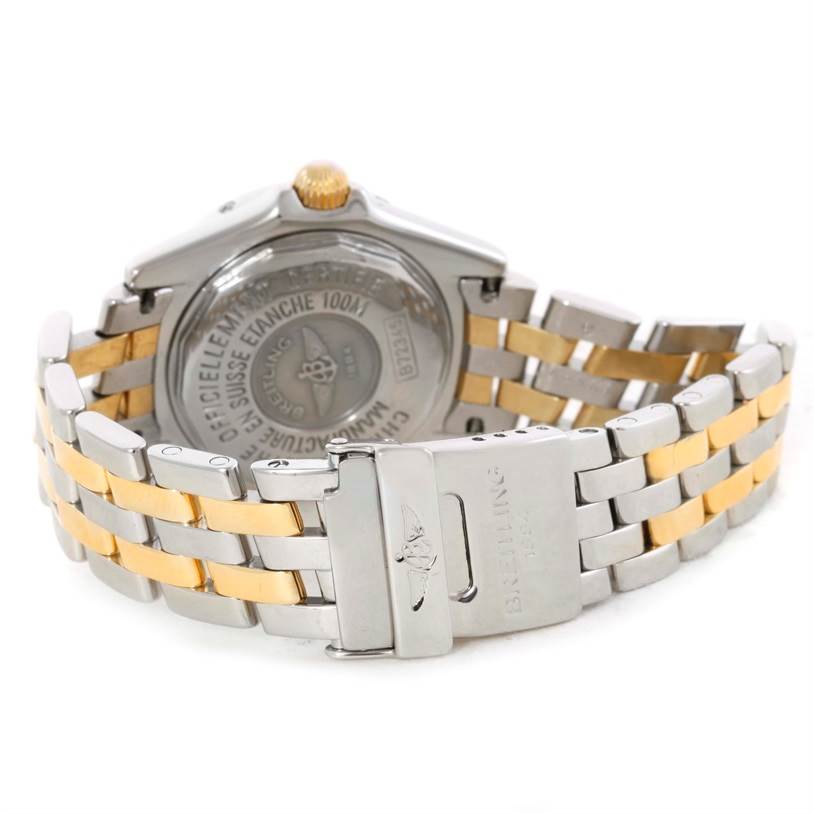The image shows the back and clasp of the Breitling B72345 Women's Stainless Steel Mother of Pearl Dial B72345 Women's Stainless Steel Mother of Pearl Dial Callisto Ladies Steel Gold MOP Diamond Watch A72345, highlighting its two-tone bracelet.
