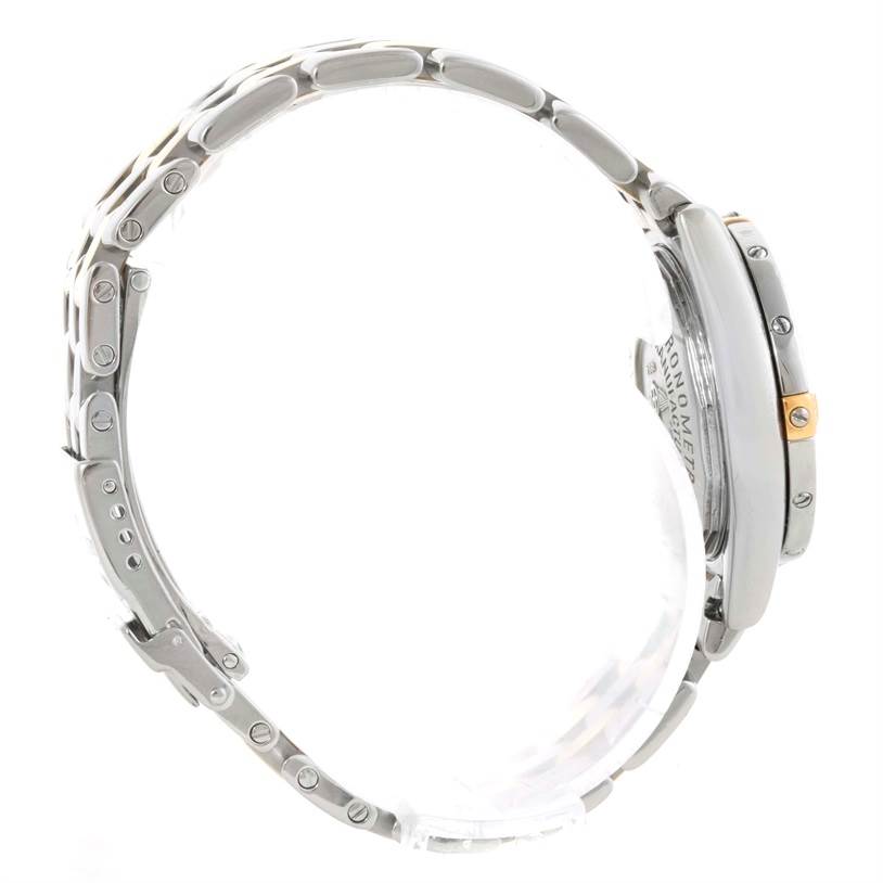 This is a Breitling B72345 Women's Stainless Steel Mother of Pearl Dial B72345 Women's Stainless Steel Mother of Pearl Dial Callisto Ladies Steel Gold MOP Diamond Watch A72345 model shown from a side angle, displaying the band and case.