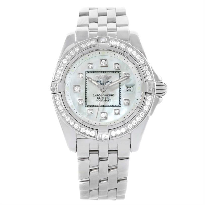 This image shows a front view of a Breitling A71356 Women's Stainless Steel Mother of Pearl Dial A71356 Women's Stainless Steel Mother of Pearl Dial A71356 Windrider Cockpit Ladies Mother of Pearl Diamond Watch.