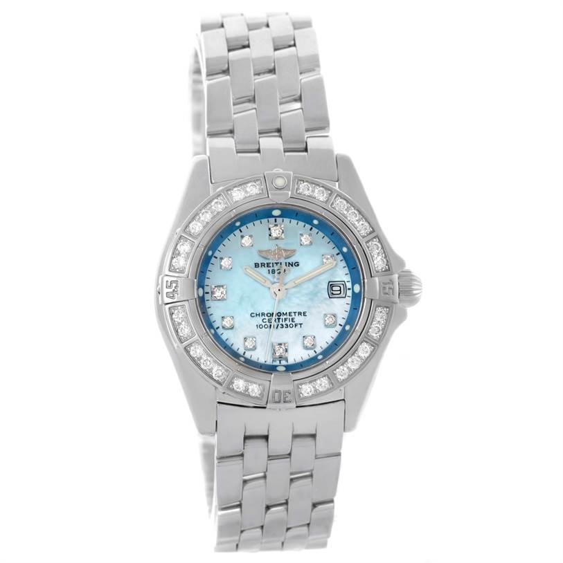 The image shows a front view of the Breitling A72345 Women
s Stainless Steel Mother of Pearl Dial A72345 Women
s Stainless Steel Mother of Pearl Dial Callisto Ladies Blue Mother of Pearl Diamond Watch A72345, highlighting the face and bracelet.