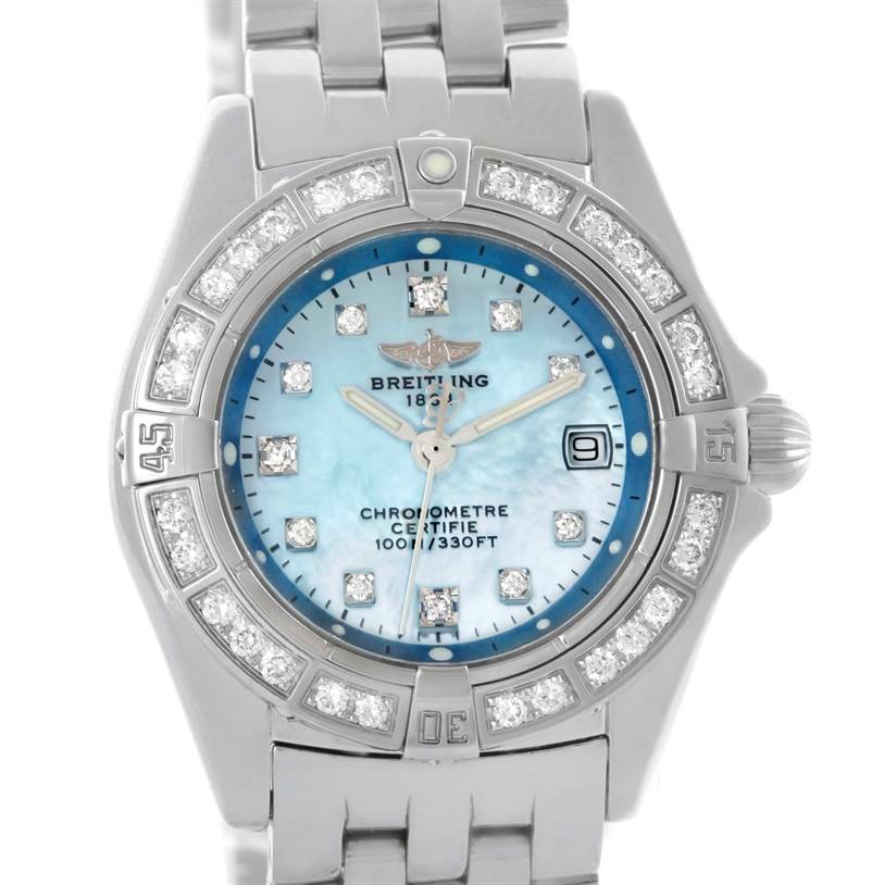 The image shows a front view of the Breitling A72345 Women
s Stainless Steel Mother of Pearl Dial A72345 Women
s Stainless Steel Mother of Pearl Dial Callisto Ladies Blue Mother of Pearl Diamond Watch A72345 model.