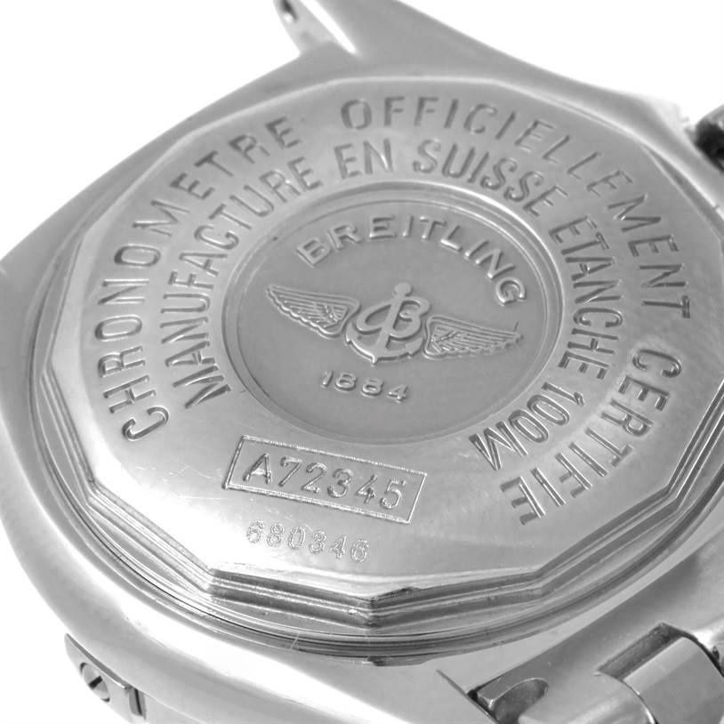 The image shows the back case, including inscriptions of the Callisto Ladies Blue Mother of Pearl Diamond Watch A72345 by Breitling A72345 Women
s Stainless Steel Mother of Pearl Dial A72345 Women
s Stainless Steel Mother of Pearl Dial.