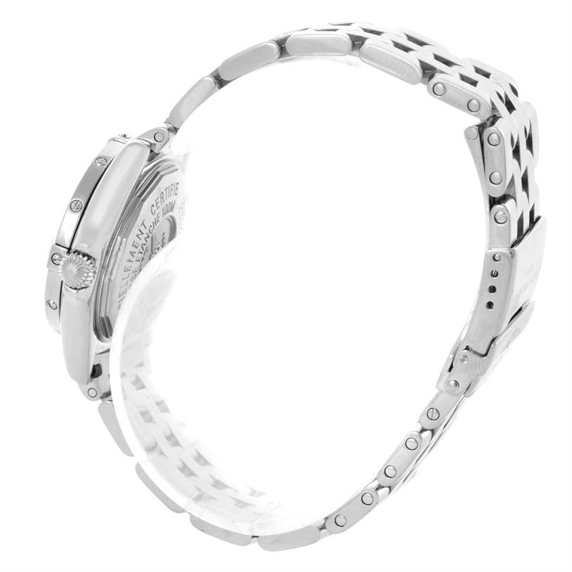 The image shows a side view of the Breitling A72345 Women
s Stainless Steel Mother of Pearl Dial A72345 Women
s Stainless Steel Mother of Pearl Dial Callisto Ladies Blue Mother of Pearl Diamond Watch A72345, highlighting the bracelet and case back.