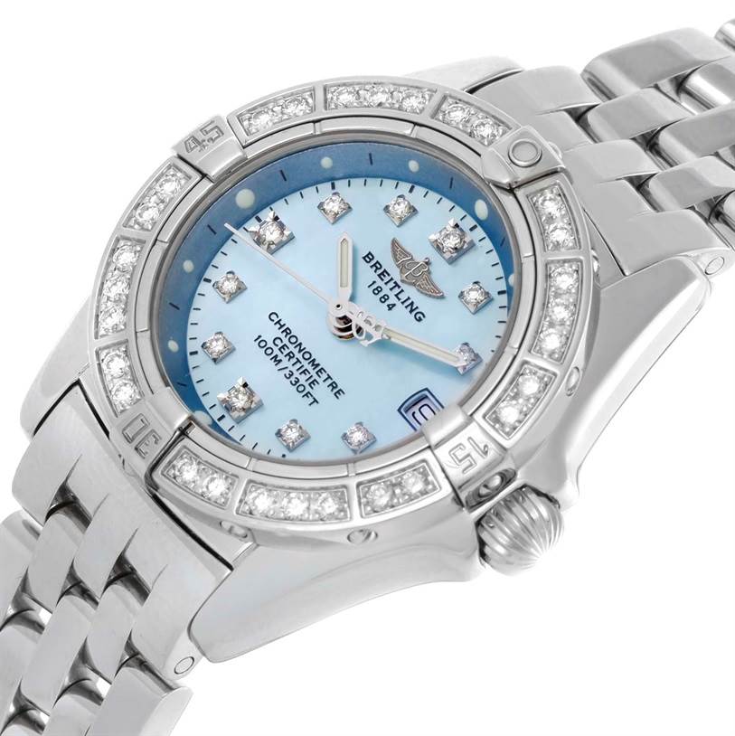 The image shows a close-up, angled view of the Breitling A72345 Women
s Stainless Steel Mother of Pearl Dial A72345 Women
s Stainless Steel Mother of Pearl Dial Callisto Ladies Blue Mother of Pearl Diamond Watch A72345, highlighting its face and bezel.