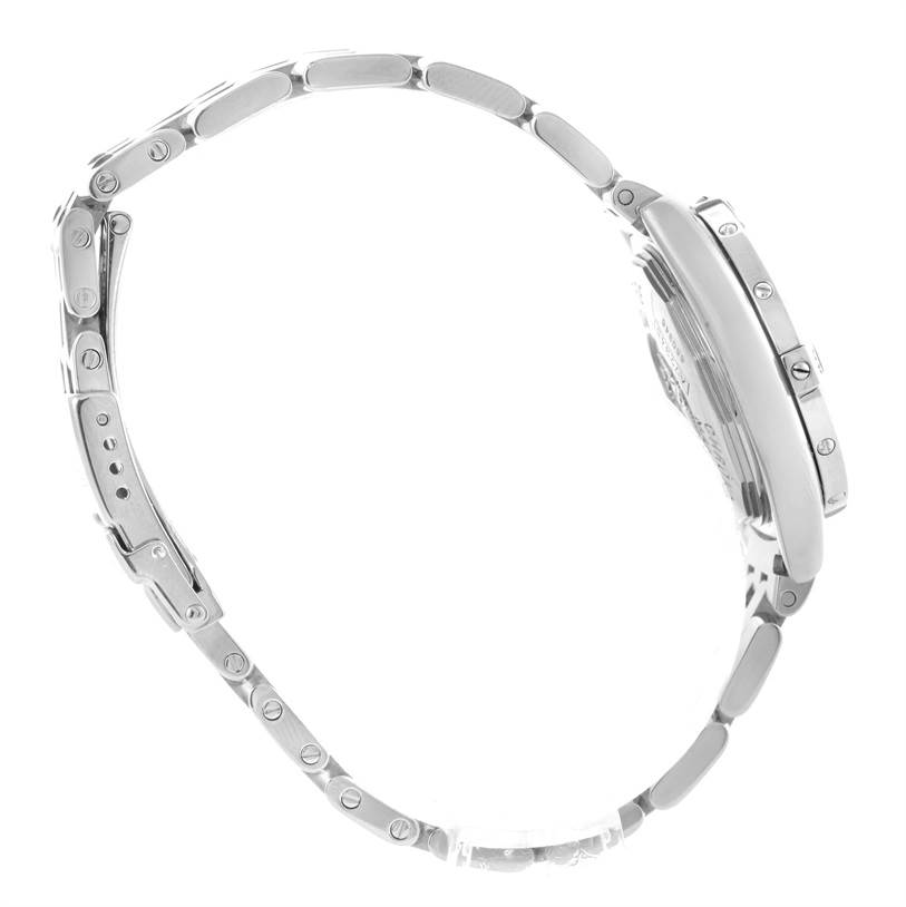 The image shows a side view of the Breitling A72345 Women
s Stainless Steel Mother of Pearl Dial A72345 Women
s Stainless Steel Mother of Pearl Dial Callisto Ladies Blue Mother of Pearl Diamond Watch A72345, highlighting the bracelet and case thickness.