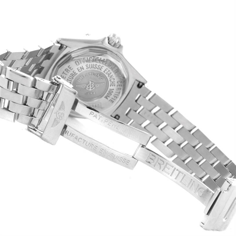 The image shows the back side and clasp of the Breitling A72345 Women
s Stainless Steel Mother of Pearl Dial A72345 Women
s Stainless Steel Mother of Pearl Dial Callisto Ladies Blue Mother of Pearl Diamond Watch A72345 model.