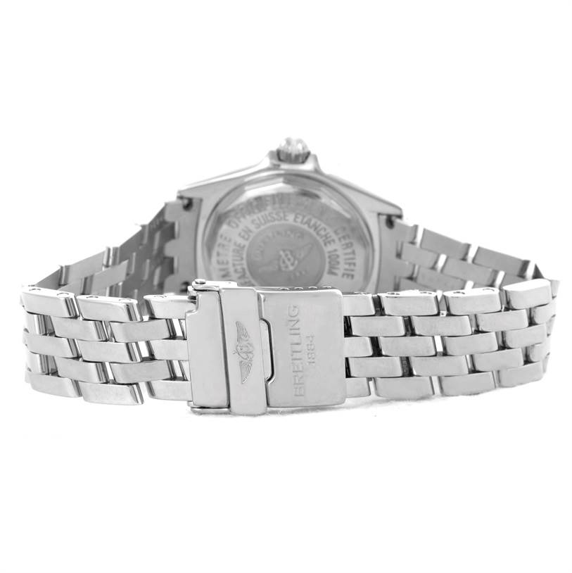 The image shows the back view and clasp of the Breitling A72345 Women
s Stainless Steel Mother of Pearl Dial A72345 Women
s Stainless Steel Mother of Pearl Dial Callisto Ladies Blue Mother of Pearl Diamond Watch A72345 model.