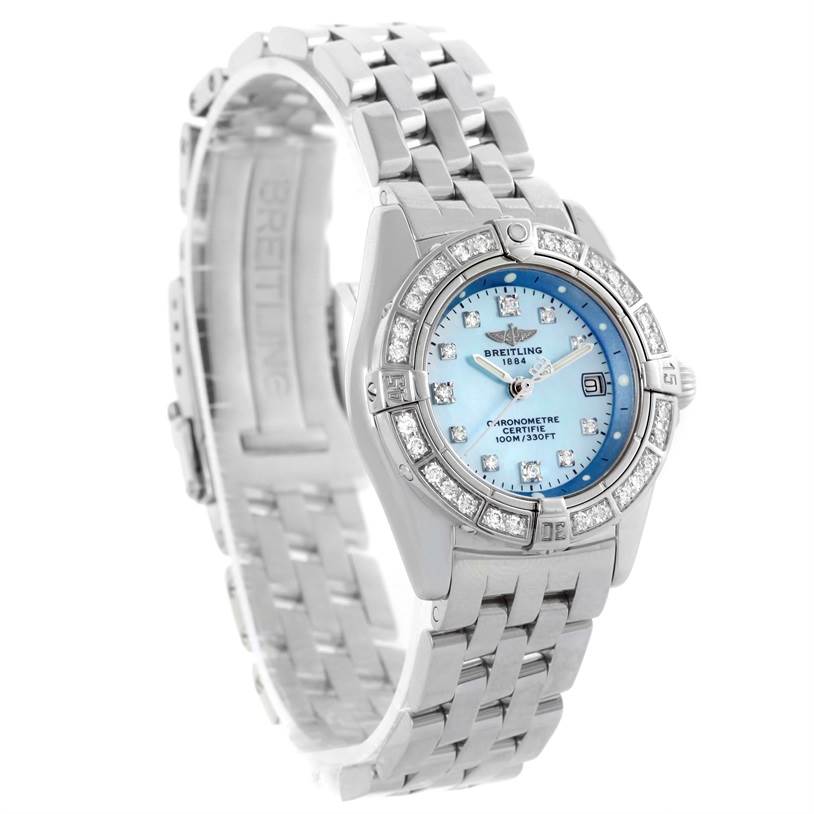 The image shows a side perspective of the Breitling A72345 Women
s Stainless Steel Mother of Pearl Dial A72345 Women
s Stainless Steel Mother of Pearl Dial Callisto Ladies Blue Mother of Pearl Diamond Watch A72345, highlighting the face and bracelet.