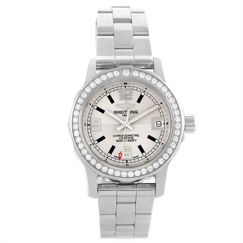 The image shows a front view of the Breitling A77387 Women's Stainless Steel Beige Dial A77387 Women's Stainless Steel Beige Dial Colt 33 Stainless Steel Diamond Ladies Watch A77387.
