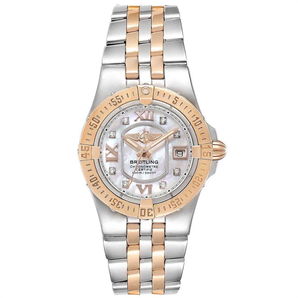 The Breitling C71340 Women's Steel and Gold (two tone) Mother of Pearl Dial C71340 Women's Steel and Gold (two tone) Mother of Pearl Dial Galactic 30 Steel Rose Gold Diamond Ladies Watch C71340 is shown from a top view, displaying the face, bezel, and band.