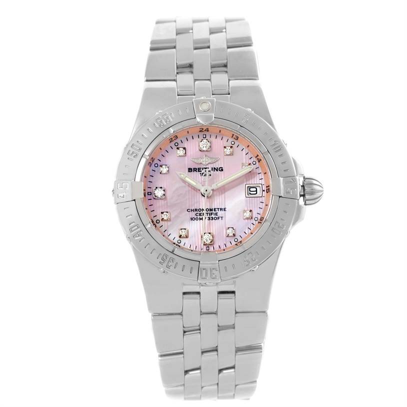 The watch is displayed from a front view, showing the face, hands, bezel, and band of the Breitling A71340 Women
s Stainless Steel Mother of Pearl Dial A71340 Women
s Stainless Steel Mother of Pearl Dial Starliner Ladies Pink Mother of Pearl Diamond Watch A71340 model.