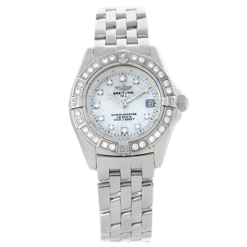 The image shows a front view of the Breitling A72345 Women's Stainless Steel Mother of Pearl Dial A72345 Women's Stainless Steel Mother of Pearl Dial Callisto Ladies Mother of Pearl Diamond Watch A72345, displaying its face and bracelet.