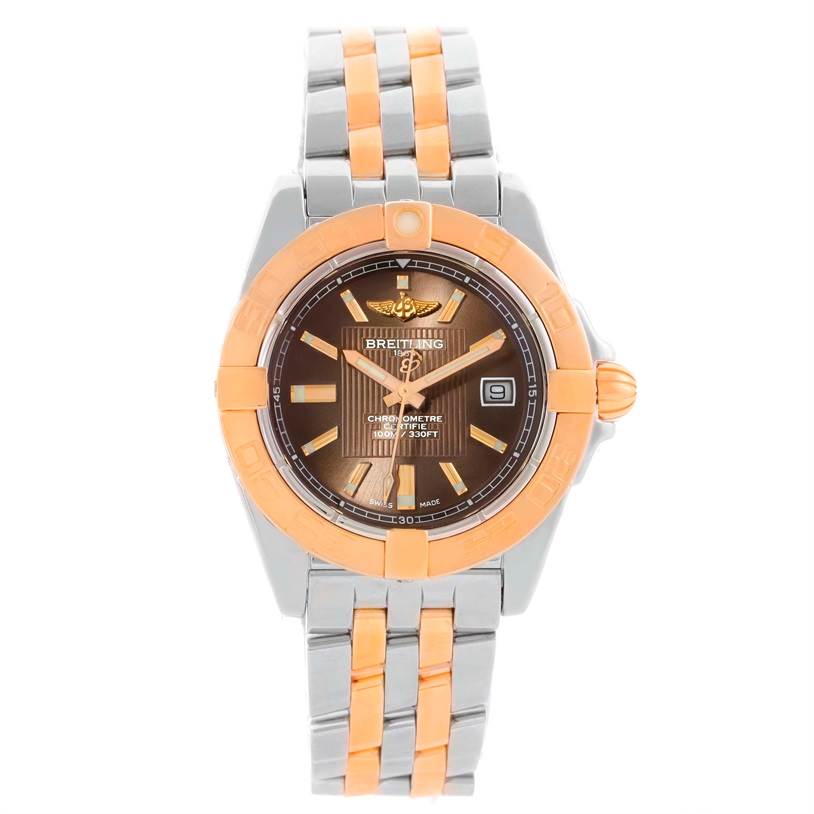 The image shows a front view of the Breitling C71356L2/Q581-367C Women's Steel and Gold (two tone) Brown Dial C71356L2/Q581-367C Women's Steel and Gold (two tone) Brown Dial Galactic 32 Ladies Steel Gold Watch C71356L2/Q581-367C, displaying its face and bracelet.