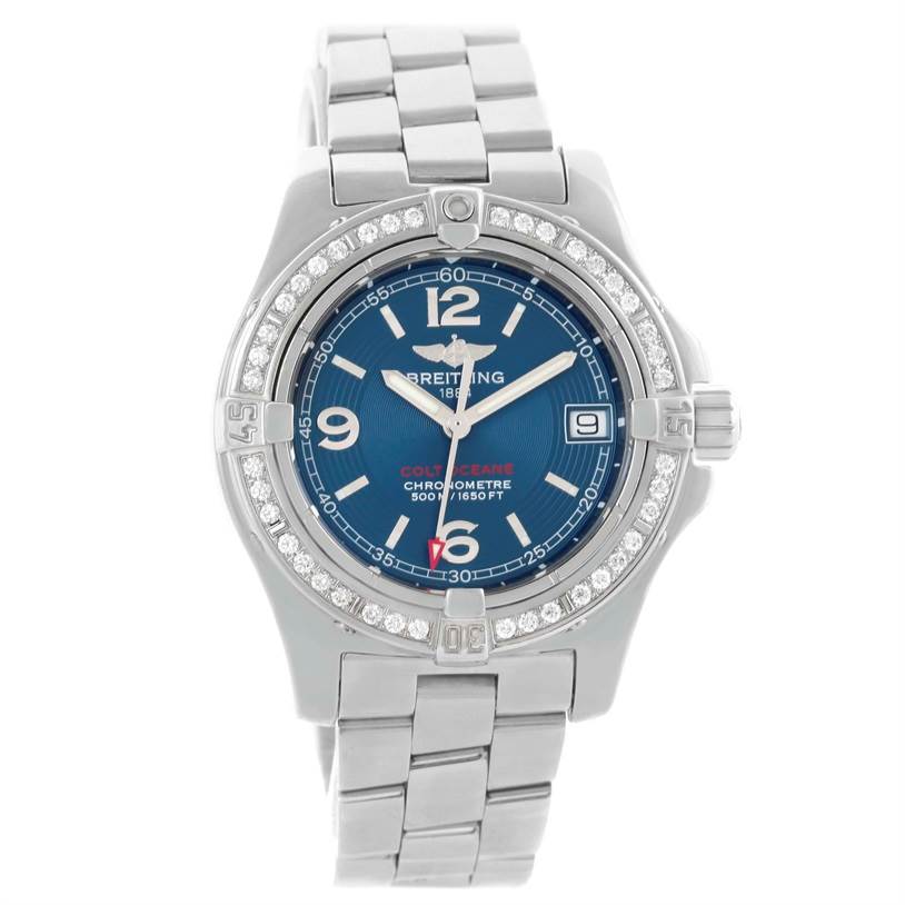 The image shows a front view of the Breitling A77380 Women
s Stainless Steel Blue Dial A77380 Women
s Stainless Steel Blue Dial Colt Oceane Stainless Steel Diamond Ladies Watch A77380, displaying its face and bracelet.