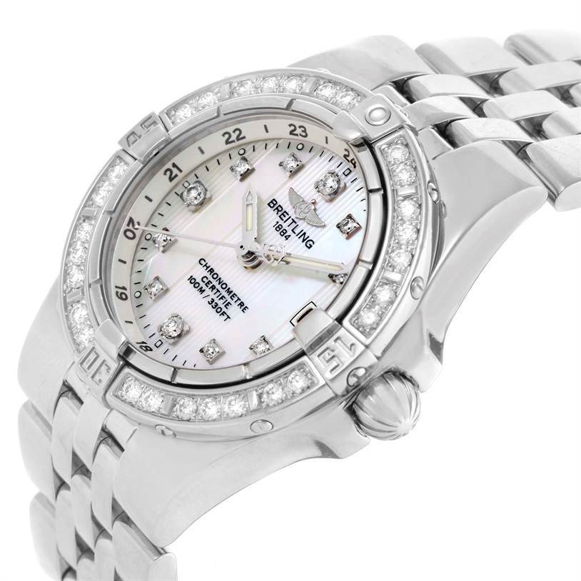 The Breitling A71340 Women's Stainless Steel Mother of Pearl Dial A71340 Women's Stainless Steel Mother of Pearl Dial Starliner Ladies Mother of Pearl Diamond Watch A71340 is shown from an angled close-up, highlighting the dial and bracelet.