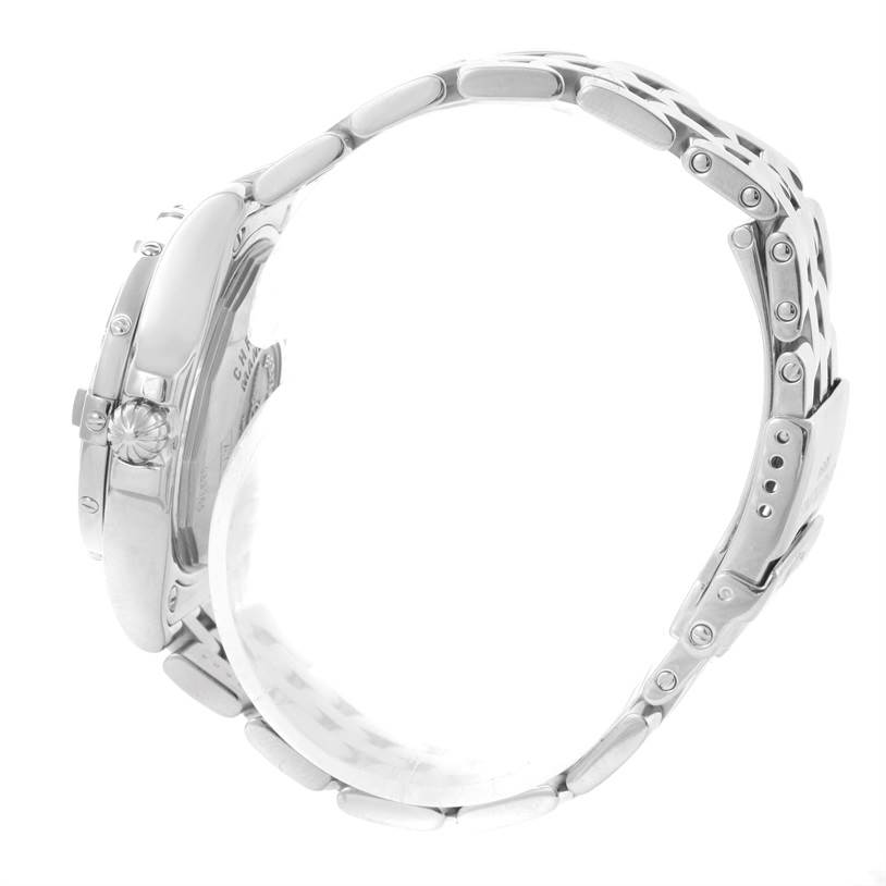 The side view of the Breitling A71340 Women's Stainless Steel Mother of Pearl Dial A71340 Women's Stainless Steel Mother of Pearl Dial Starliner Ladies Mother of Pearl Diamond Watch A71340 shows its case, crown, and bracelet.