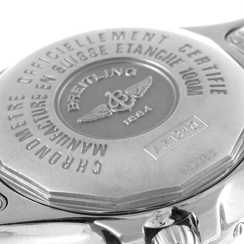 This image shows the case back and engraving details of the Breitling A71340 Women's Stainless Steel Mother of Pearl Dial A71340 Women's Stainless Steel Mother of Pearl Dial Starliner Ladies Mother of Pearl Diamond Watch model A71340.