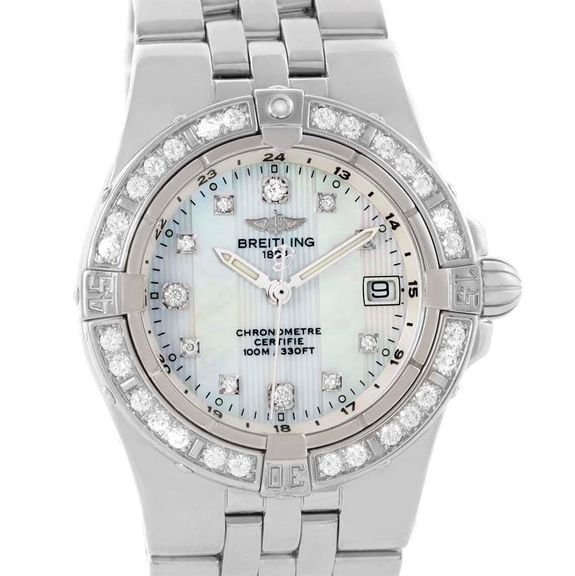 The image shows a front view of the Breitling A71340 Women's Stainless Steel Mother of Pearl Dial A71340 Women's Stainless Steel Mother of Pearl Dial Starliner Ladies Mother of Pearl Diamond Watch A71340 model, highlighting its face and bracelet.