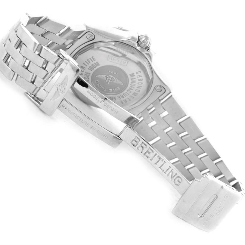 The image shows the backside and bracelet clasp of the Breitling A71340 Women's Stainless Steel Mother of Pearl Dial A71340 Women's Stainless Steel Mother of Pearl Dial Starliner Ladies Mother of Pearl Diamond Watch A71340 model.