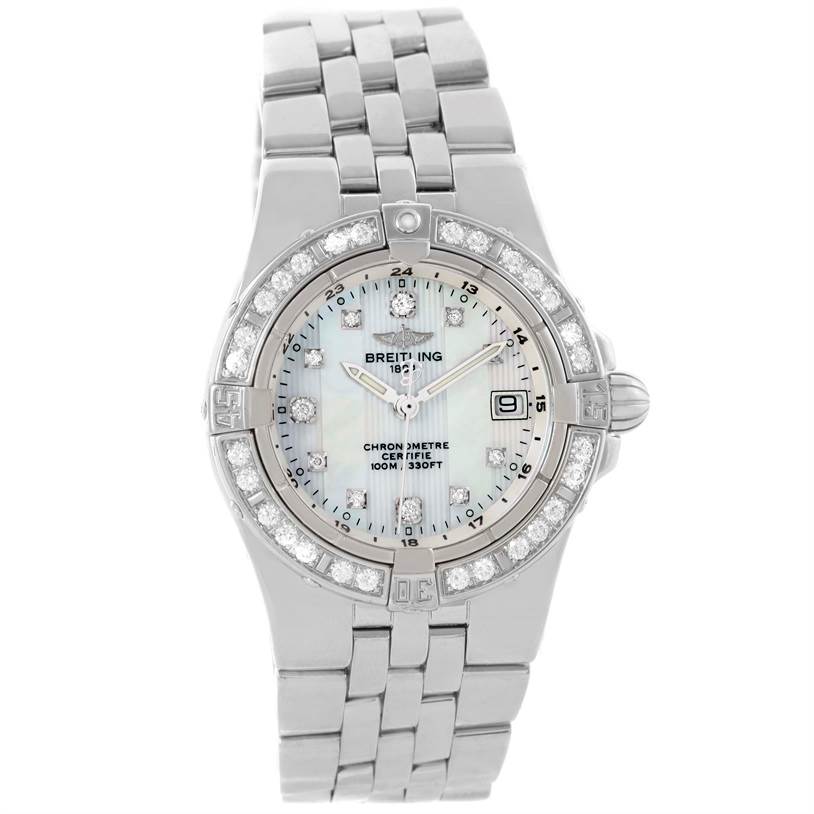 The Breitling A71340 Women's Stainless Steel Mother of Pearl Dial A71340 Women's Stainless Steel Mother of Pearl Dial Starliner Ladies Mother of Pearl Diamond Watch A71340 is shown from the front, displaying its face, dial, bezel, and bracelet.