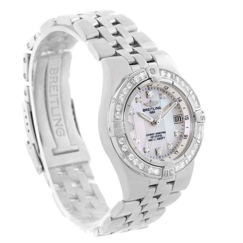 The Starliner Ladies Mother of Pearl Diamond Watch A71340 by Breitling A71340 Women's Stainless Steel Mother of Pearl Dial A71340 Women's Stainless Steel Mother of Pearl Dial is shown at an angled side view, featuring its face and band.