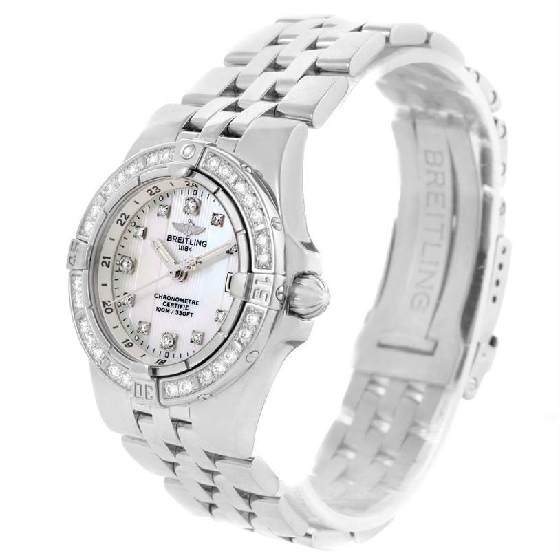 The Breitling A71340 Women's Stainless Steel Mother of Pearl Dial A71340 Women's Stainless Steel Mother of Pearl Dial Starliner Ladies Mother of Pearl Diamond Watch A71340 is shown at a side angle, displaying the face, bezel, crown, and metal bracelet.