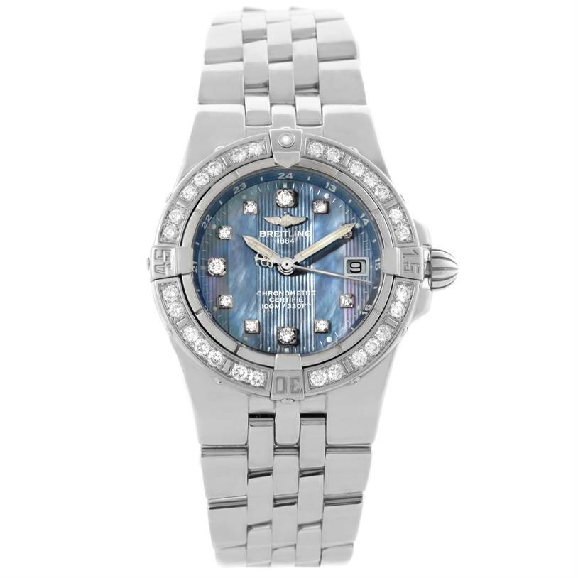The image shows a front view of the Breitling A71340 Women's Stainless Steel Mother of Pearl Dial A71340 Women's Stainless Steel Mother of Pearl Dial Starliner Ladies Blue Mother of Pearl Diamond Watch A71340, displaying the watch face, bezel, and bracelet.