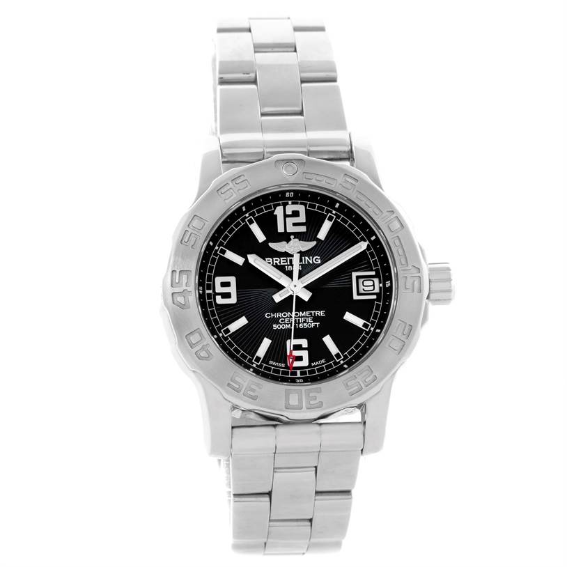 The image shows a front view of the Breitling A77380 Women's Stainless Steel Black Dial A77380 Women's Stainless Steel Black Dial Colt 33 Black Dial Stainless Steel Ladies Watch A77380.