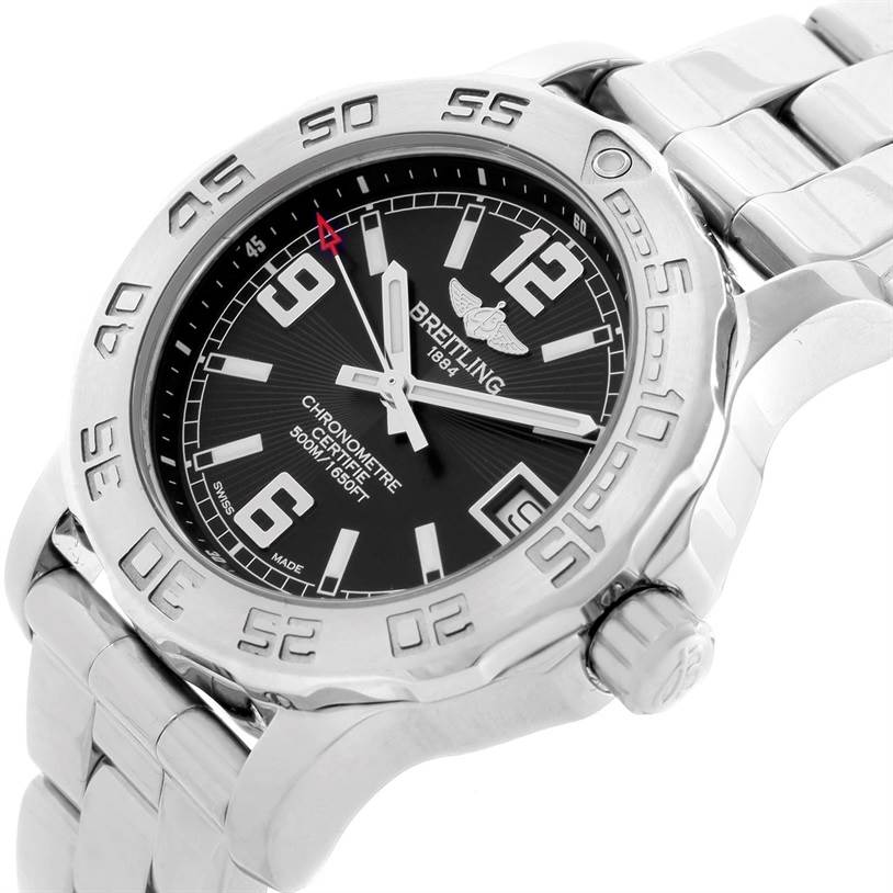 The Breitling A77380 Women's Stainless Steel Black Dial A77380 Women's Stainless Steel Black Dial Colt 33 Black Dial Stainless Steel Ladies Watch A77380 is shown from an angled close-up view highlighting the dial and bezel.