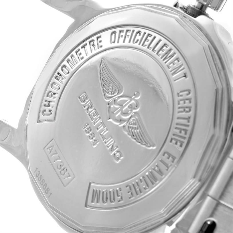 The image shows the case back of the Breitling A77380 Women's Stainless Steel Black Dial A77380 Women's Stainless Steel Black Dial Colt 33 Black Dial Stainless Steel Ladies Watch model A77380.