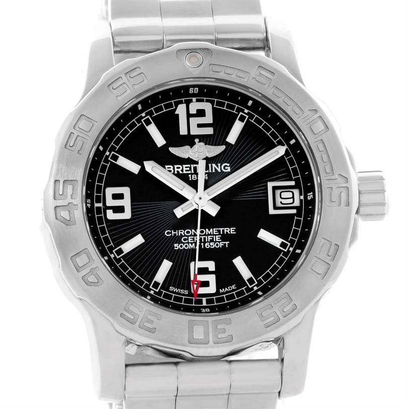 The image shows a front view of the Breitling A77380 Women's Stainless Steel Black Dial A77380 Women's Stainless Steel Black Dial Colt 33 Black Dial Stainless Steel Ladies Watch A77380 model, highlighting its dial and bezel.