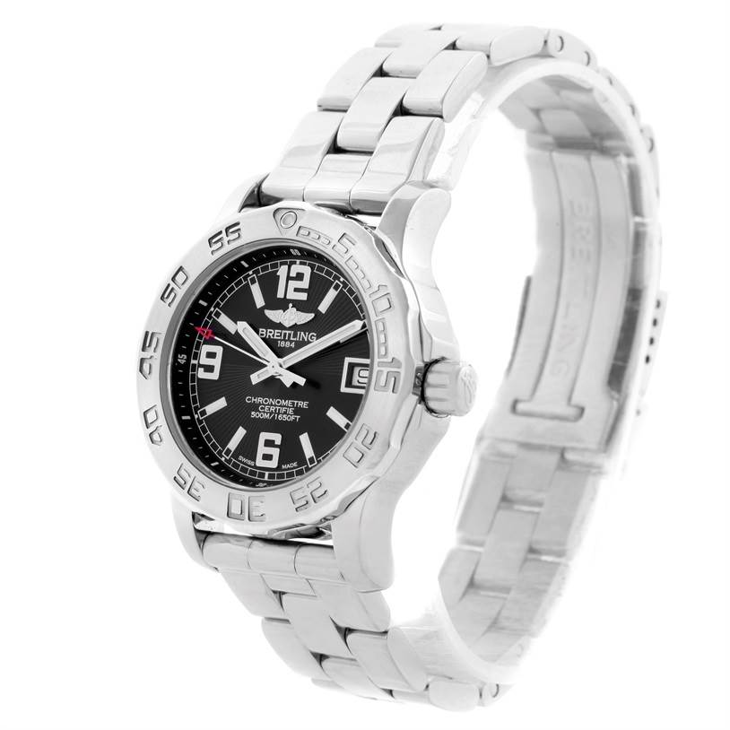 The image shows a frontal and slightly angled view of the Breitling A77380 Women's Stainless Steel Black Dial A77380 Women's Stainless Steel Black Dial Colt 33 Black Dial Stainless Steel Ladies Watch A77380, displaying the face and part of the stainless steel bracelet.