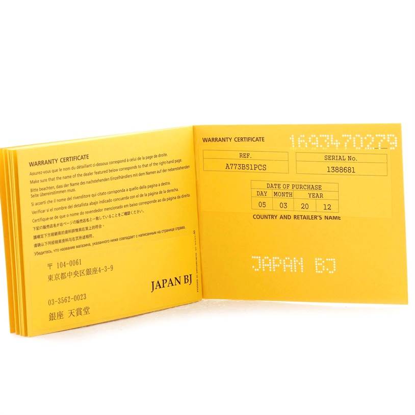 This image shows the warranty certificate for the Breitling A77380 Women's Stainless Steel Black Dial A77380 Women's Stainless Steel Black Dial Colt 33 Black Dial Stainless Steel Ladies Watch, model A77380.