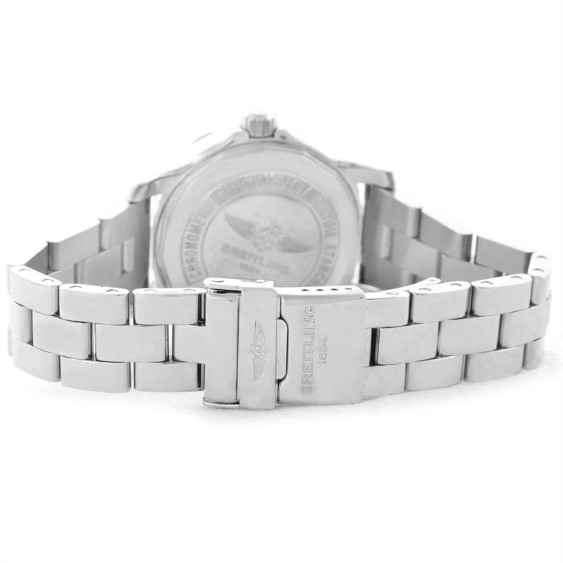 The image shows the clasp, bracelet, and back case of the Breitling A77380 Women's Stainless Steel Black Dial A77380 Women's Stainless Steel Black Dial Colt 33 Black Dial Stainless Steel Ladies Watch A77380 model.