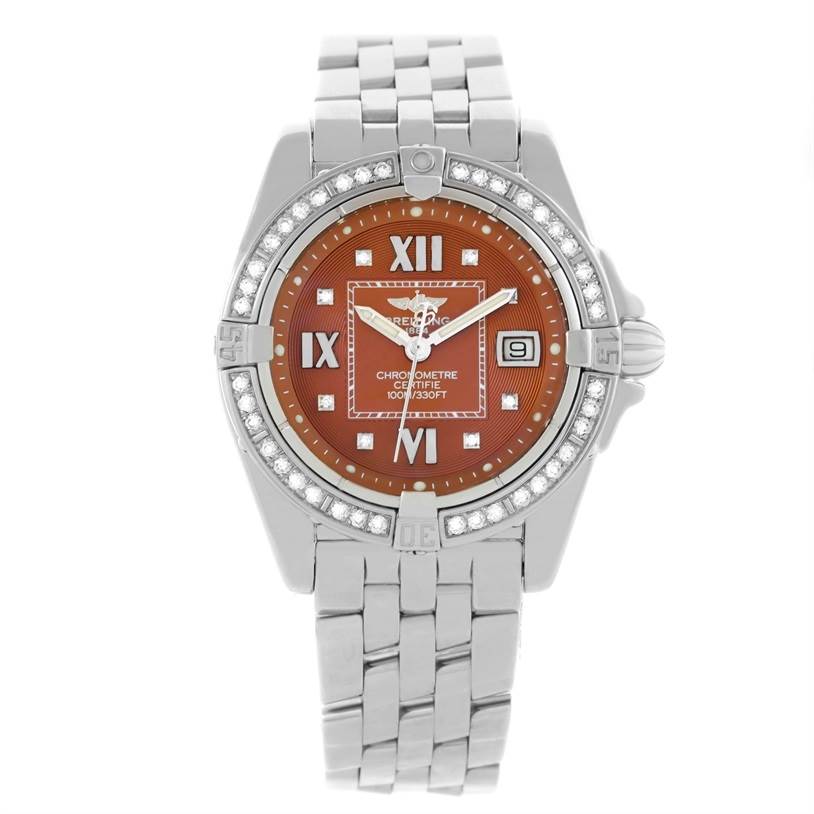 The image shows a front view of the Breitling A71356 Women's Stainless Steel Brown Dial A71356 Women's Stainless Steel Brown Dial Windrider Cockpit Ladies A71356 watch, highlighting its copper diamond dial and stainless steel bracelet.