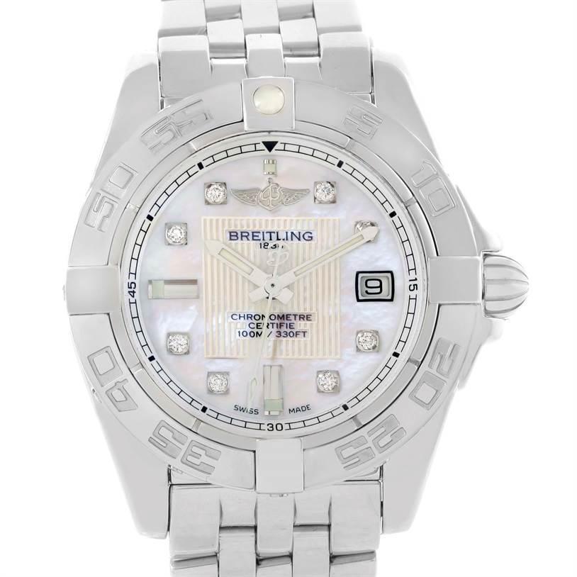 The image shows a front view of the Breitling A71356 Women's Stainless Steel Mother of Pearl Dial A71356 Women's Stainless Steel Mother of Pearl Dial Windrider Cockpit Ladies Mother Pearl Diamond Watch A71356 model, displaying its dial, bezel, and bracelet.