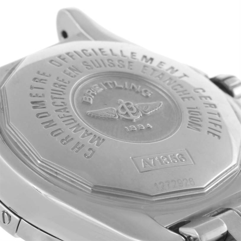 This image shows the back case of a Breitling A71356 Women's Stainless Steel Mother of Pearl Dial A71356 Women's Stainless Steel Mother of Pearl Dial Windrider Cockpit Ladies Mother Pearl Diamond Watch A71356 model.