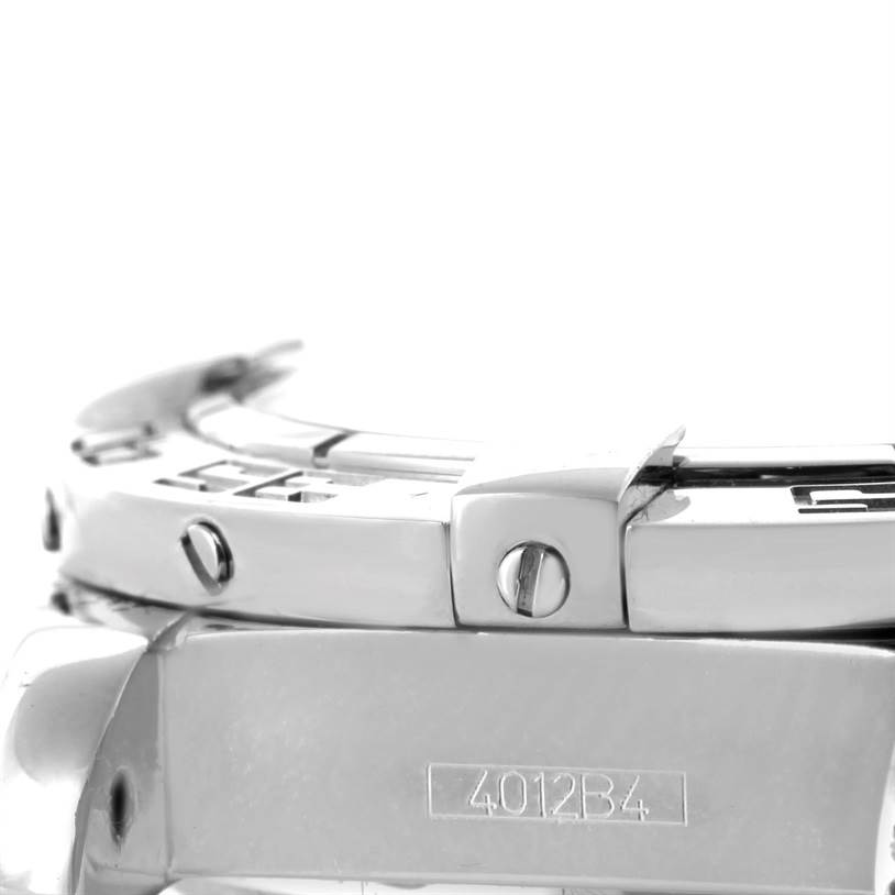 This image shows a close-up side view of the Breitling A71356 Women's Stainless Steel Mother of Pearl Dial A71356 Women's Stainless Steel Mother of Pearl Dial Windrider Cockpit Ladies Mother Pearl Diamond Watch A71356, focusing on the bracelet and clasp.