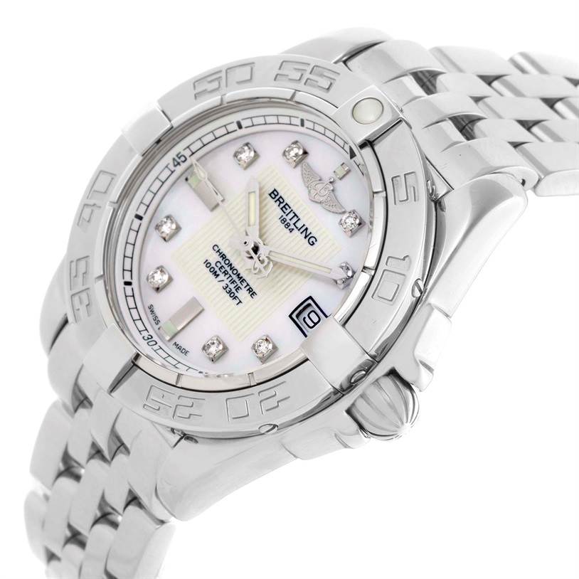 This image shows a Breitling A71356 Women's Stainless Steel Mother of Pearl Dial A71356 Women's Stainless Steel Mother of Pearl Dial Windrider Cockpit Ladies Mother Pearl Diamond Watch A71356 model from an angled view focusing on the face and bracelet.