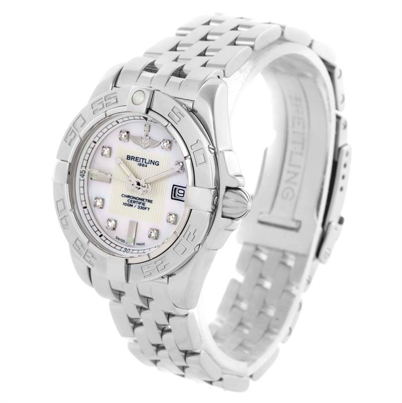 The Windrider Cockpit Ladies Mother Pearl Diamond Watch A71356 by Breitling A71356 Women's Stainless Steel Mother of Pearl Dial A71356 Women's Stainless Steel Mother of Pearl Dial is shown at an angled view displaying the dial, bezel, and part of the bracelet.