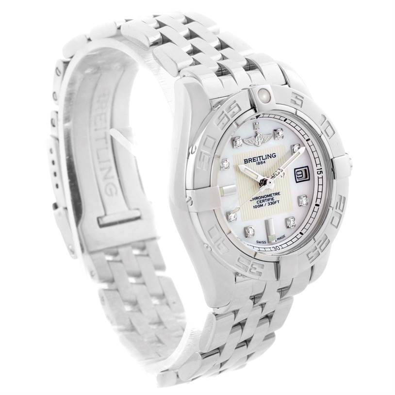 The image shows a Breitling A71356 Women's Stainless Steel Mother of Pearl Dial A71356 Women's Stainless Steel Mother of Pearl Dial Windrider Cockpit Ladies Mother Pearl Diamond Watch A71356 at a three-quarter angle, highlighting the dial, bezel, and bracelet.